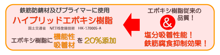 エポキシ樹脂従来の品質＆塩分吸着性能！鉄筋腐食抑制効果！